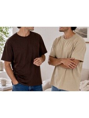 Set of 2 Basic T-Shirts Unisex Brown Cream Polyester Size L FREE SHIPPING